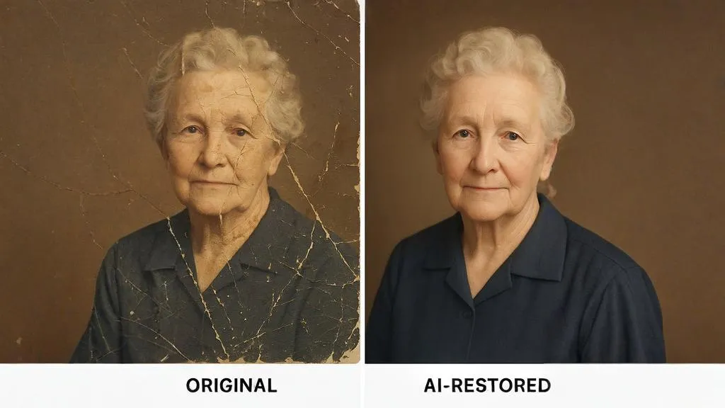 Before and after comparison of an AI-restored old photograph